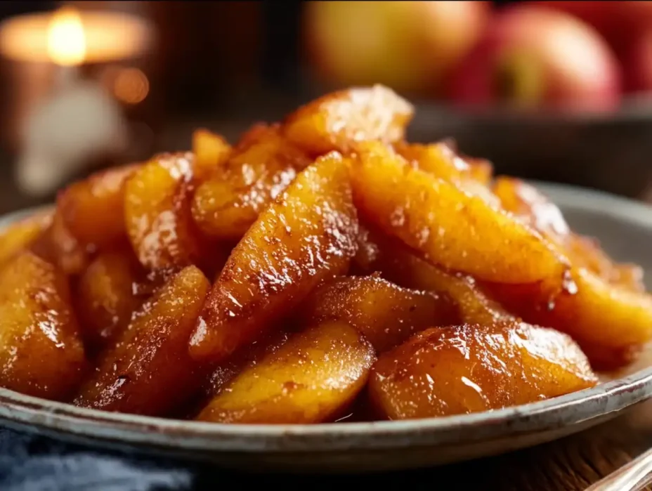 Caramelized cinnamon apples dessert with a golden glaze