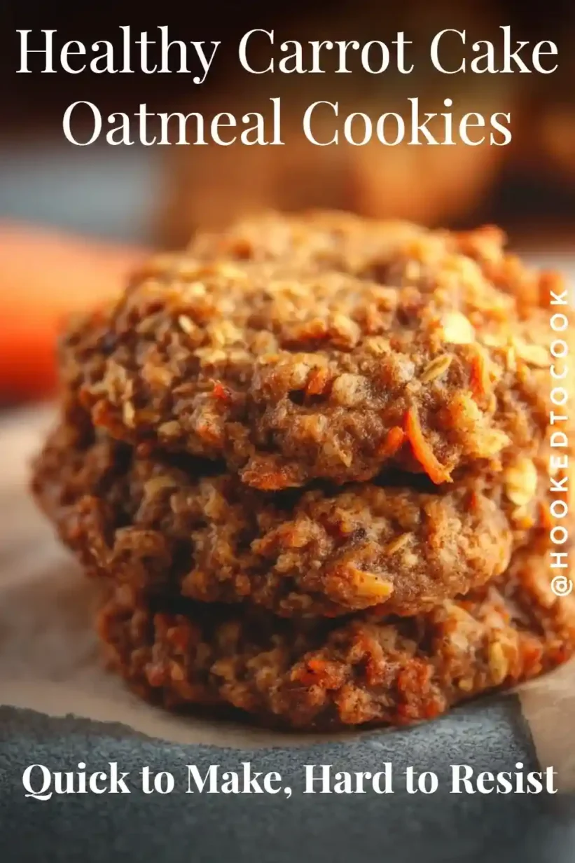 Soft carrot cake oatmeal cookies with visible oats and carrot shreds, stacked on parchment.