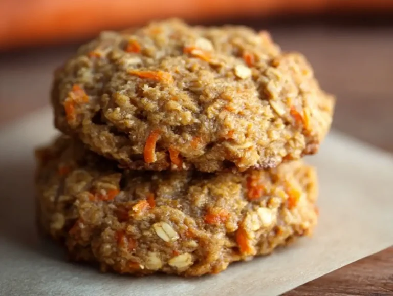 Carrot cake oatmeal cookies stacked, showing oats, carrots, and golden texture.