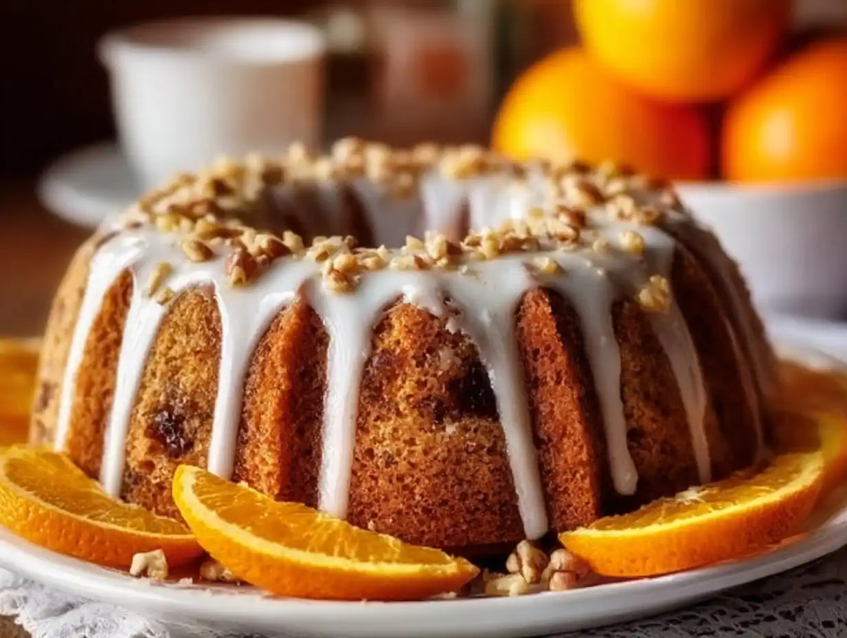 Date Walnut Orange Cake with glaze, sliced oranges, and chopped walnuts.