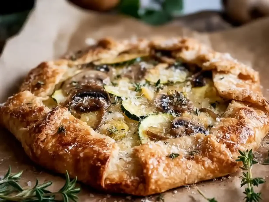 Garlic Parmesan Galette served on a rustic wooden table