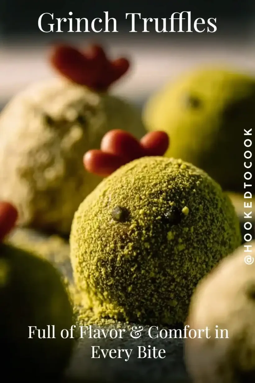 Grinch Truffles with green chocolate shells, red heart decorations, and holiday design.