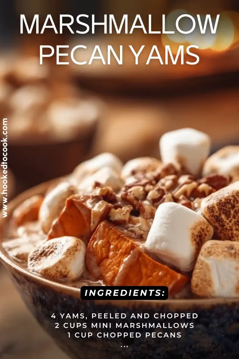 Marshmallow Pecan Yams topped with pecans and toasted marshmallows in a rustic bowl