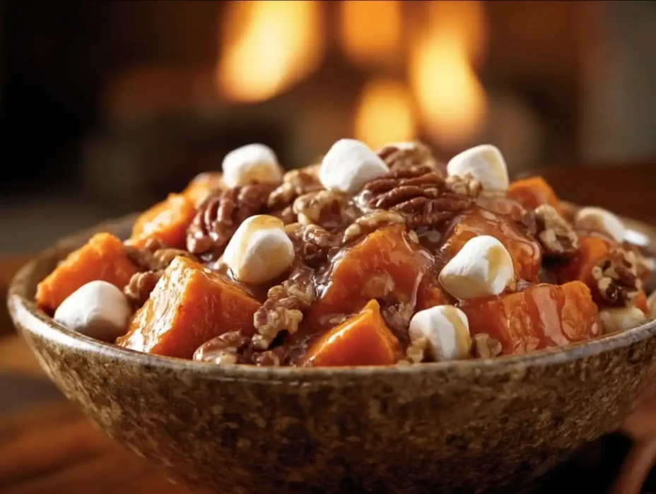 Delicious marshmallow pecan yams topped with toasted pecans and melted marshmallows.