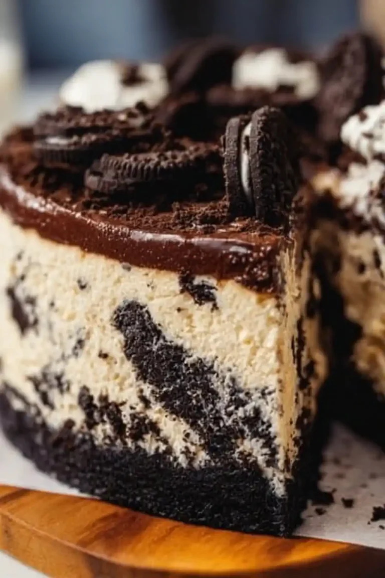 Whole Oreo cheesecake topped with cookies and chocolate, creamy inside and crunchy outside.