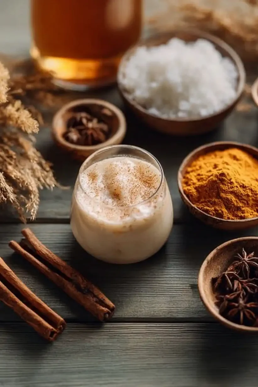Pumpkin Spice Horchata in a cozy setting, surrounded by spices like cinnamon, star anise, and turmeric.