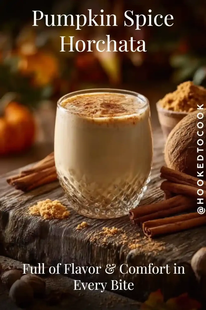 Pumpkin Spice Horchata in a glass topped with cinnamon, surrounded by spices and fall decor.