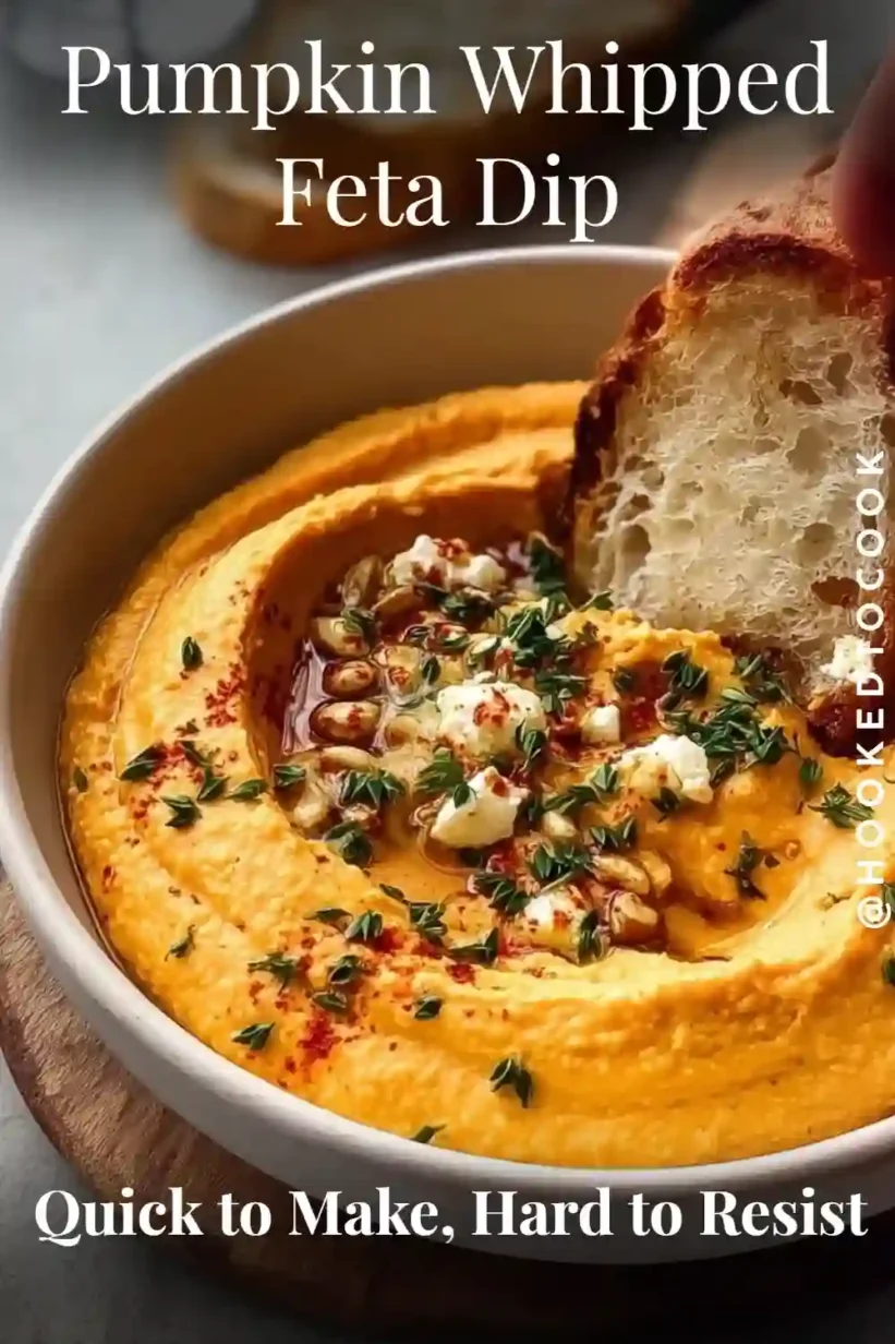 Pumpkin Feta Dip topped with herbs and seeds, served with toasted bread in a rustic bowl