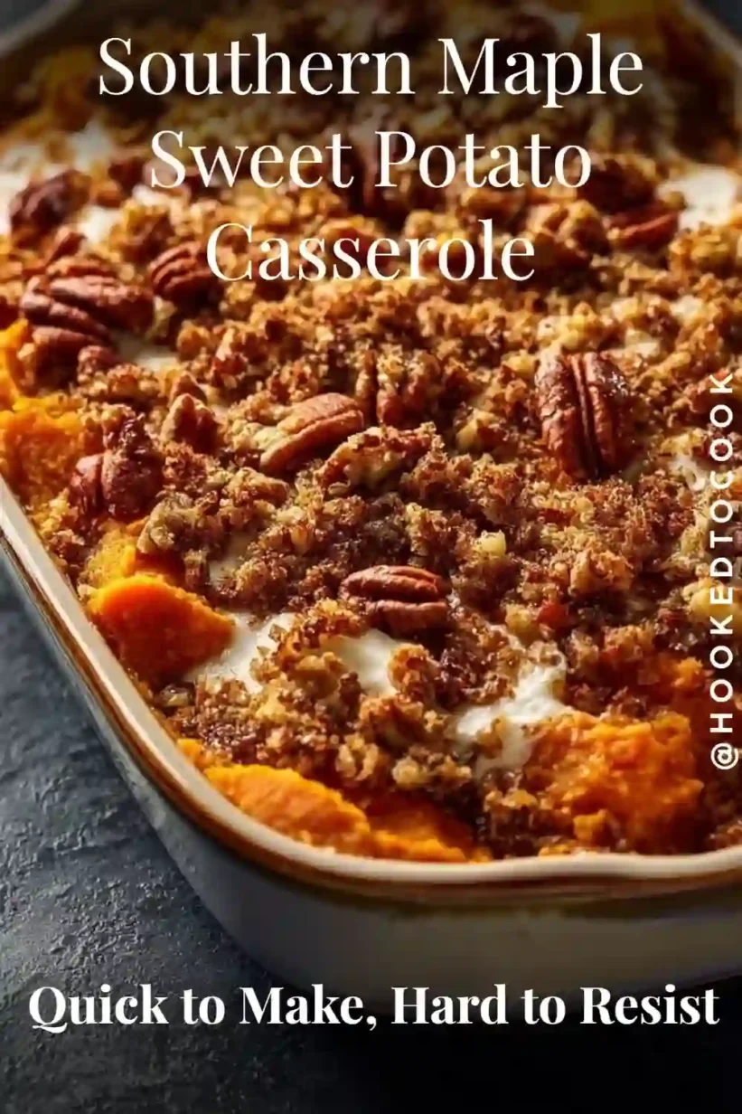 Sweet Potato Casserole with golden pecan topping and fluffy maple filling in a baking dish