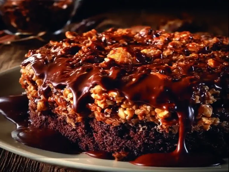 Slice of Viral Crunch Cake topped with colorful sprinkles and chocolate drizzle