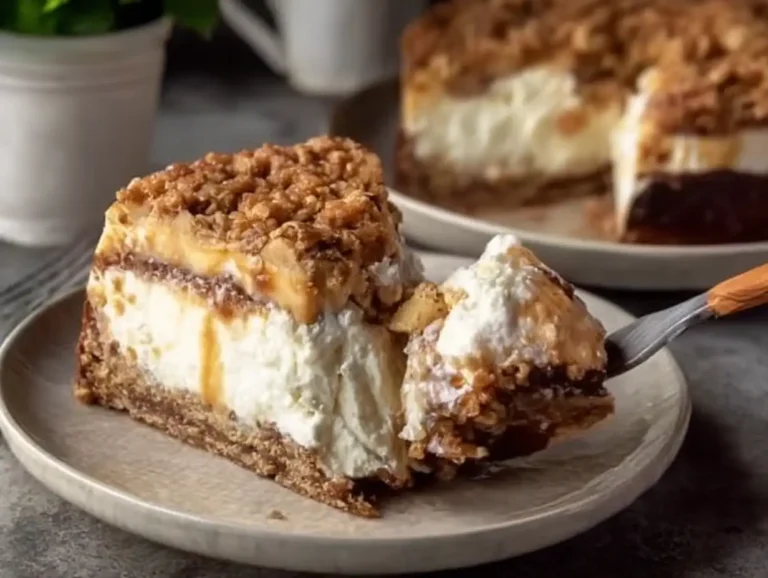 Apple Crumble Cheesecake slice with caramel drizzle on a plate and fork.