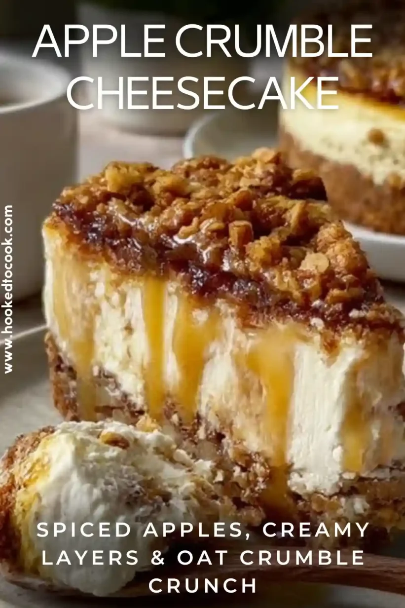 Apple Crumble Cheesecake slice with caramel drizzle and oat topping on a plate.