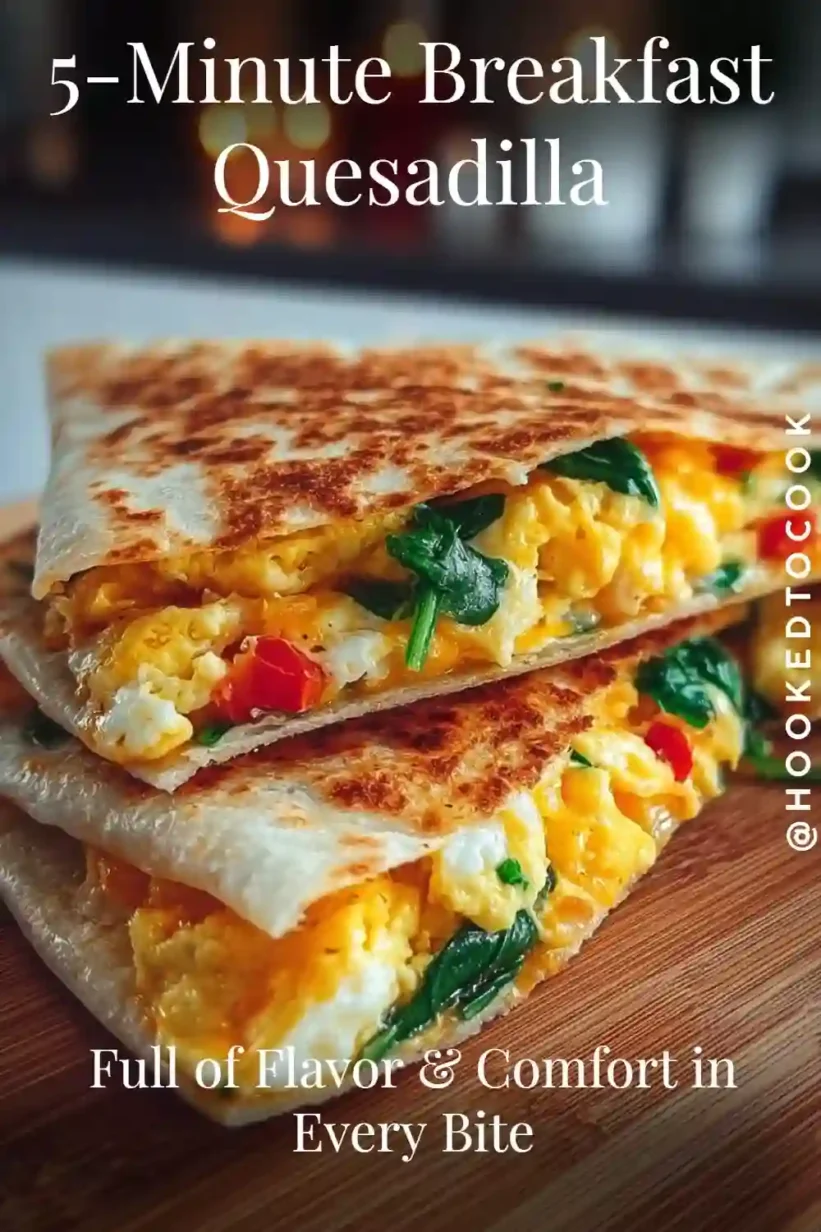 Breakfast quesadilla with golden tortilla, scrambled eggs, cheese, and vegetables
