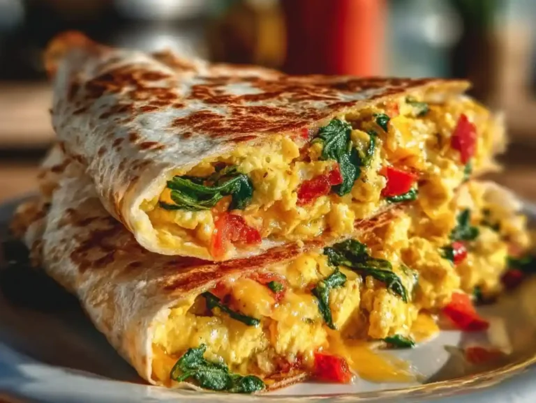 Breakfast quesadilla with scrambled eggs, cheese, spinach, and red peppers in a crispy tortilla.