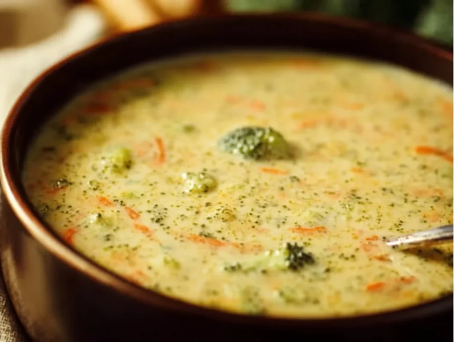 A bowl of creamy Broccoli Cheddar Soup garnished with cheddar cheese and broccoli florets.
