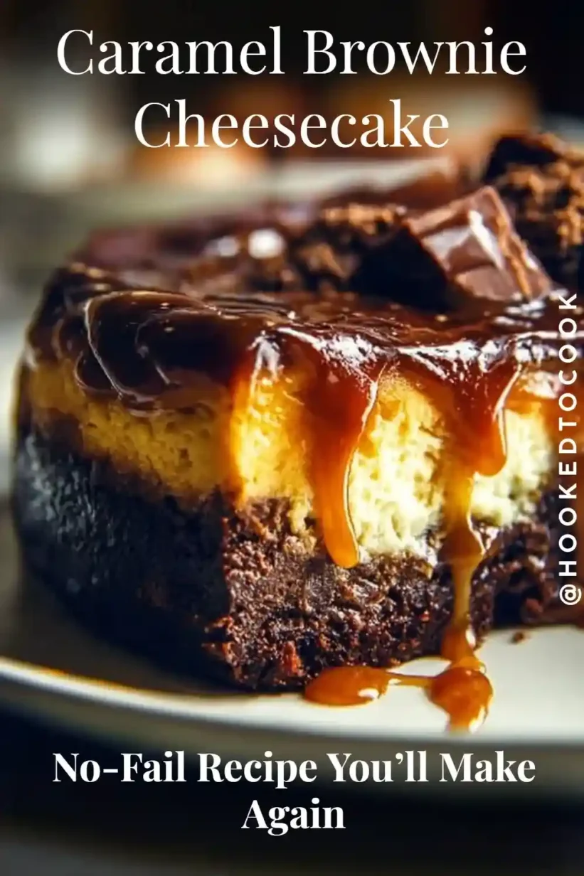 Brownie cheesecake with layers of chocolate, creamy cheesecake, and dripping caramel topping.