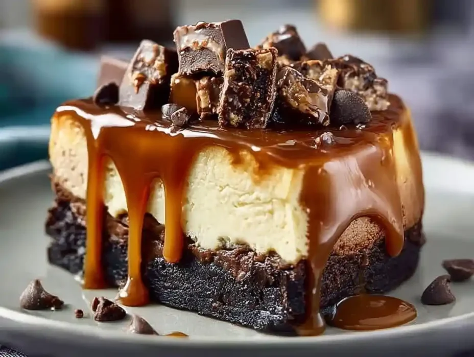 Brownie cheesecake topped with caramel sauce and chocolate chunks, rich and indulgent.