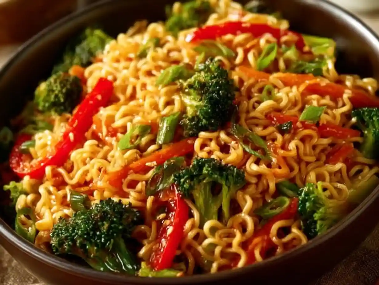 Delicious budget ramen stir fry dish garnished with vegetables and sauce.