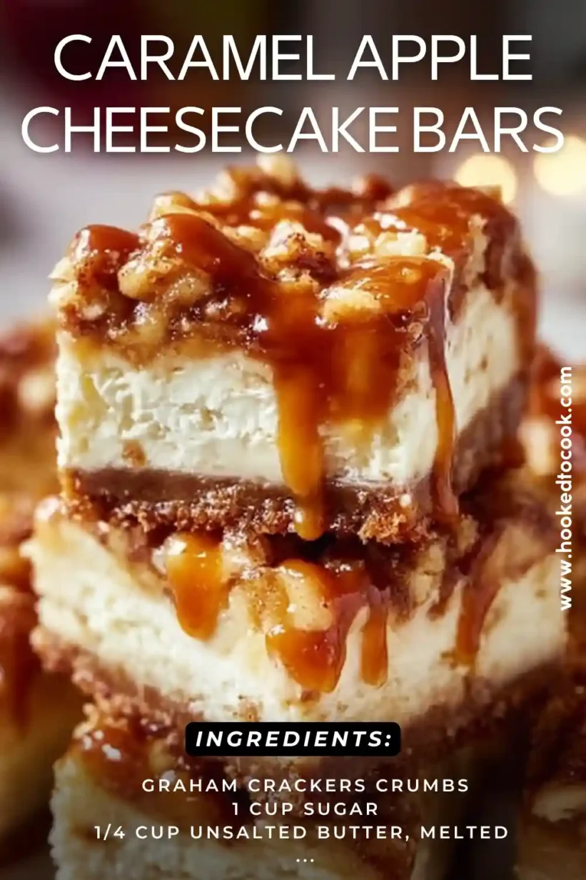 Caramel apple cheesecake bars topped with spiced apples and rich caramel drizzle.