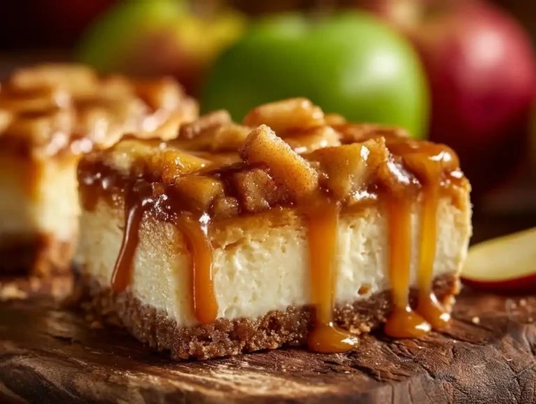 Delicious caramel apple cheesecake bars topped with fresh apples and caramel sauce.