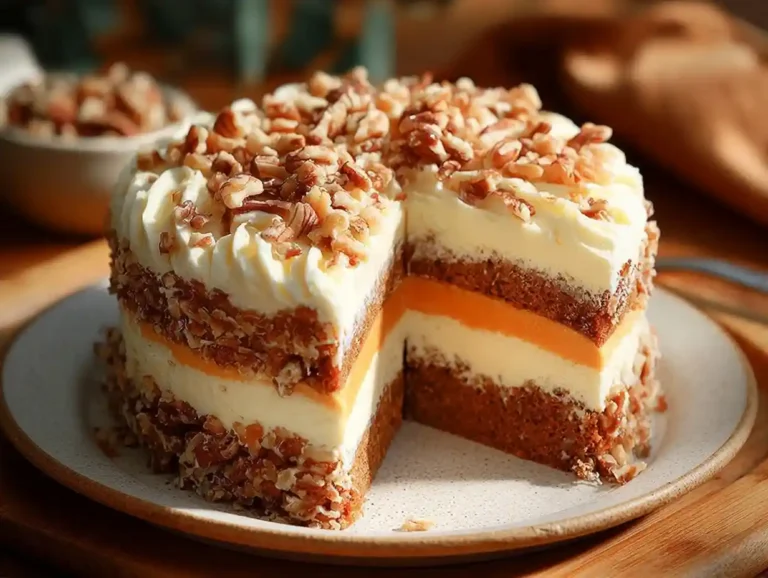 Carrot cake cheesecake with cream cheese frosting and pecan topping, layered and festive.