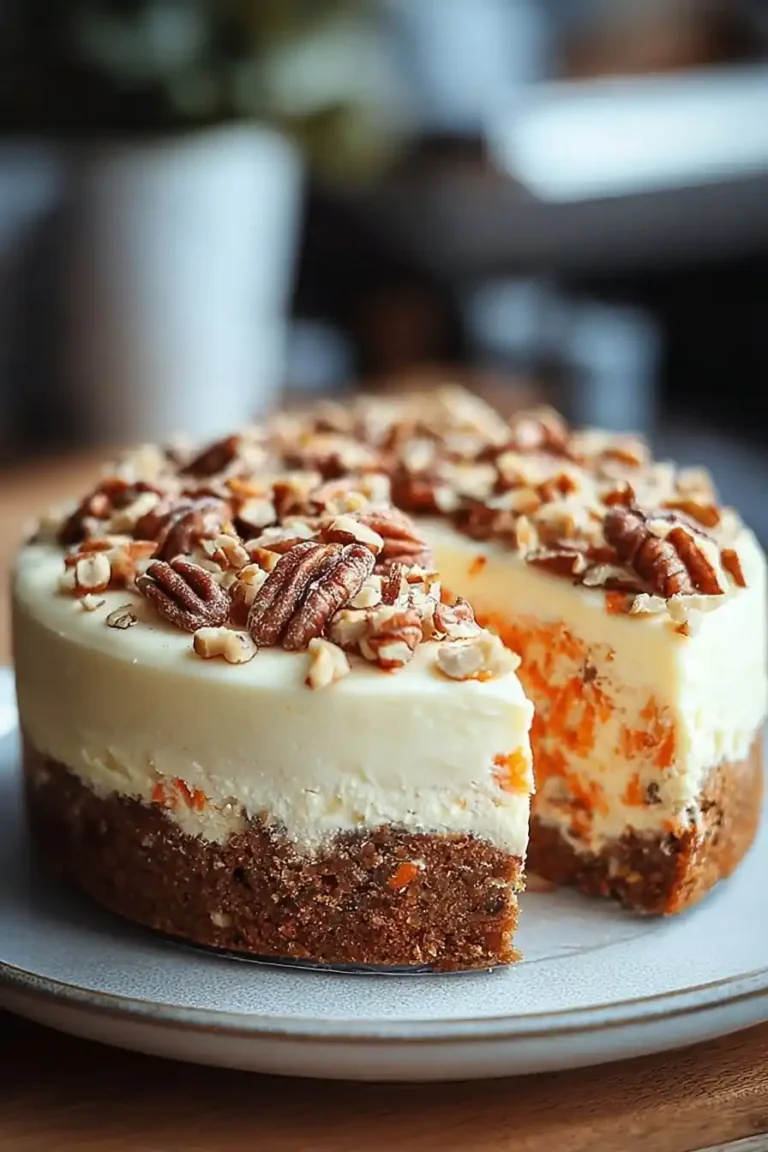 Layered carrot cake cheesecake with frosting and pecans