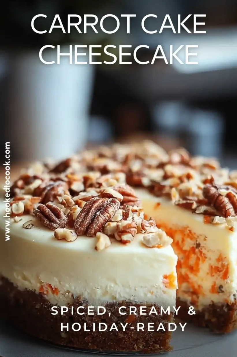Layered carrot cake cheesecake with frosting and pecans