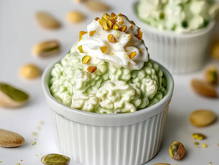 classic watergate salad with cottage cheese, creamy pistachio dessert in a glass bowl