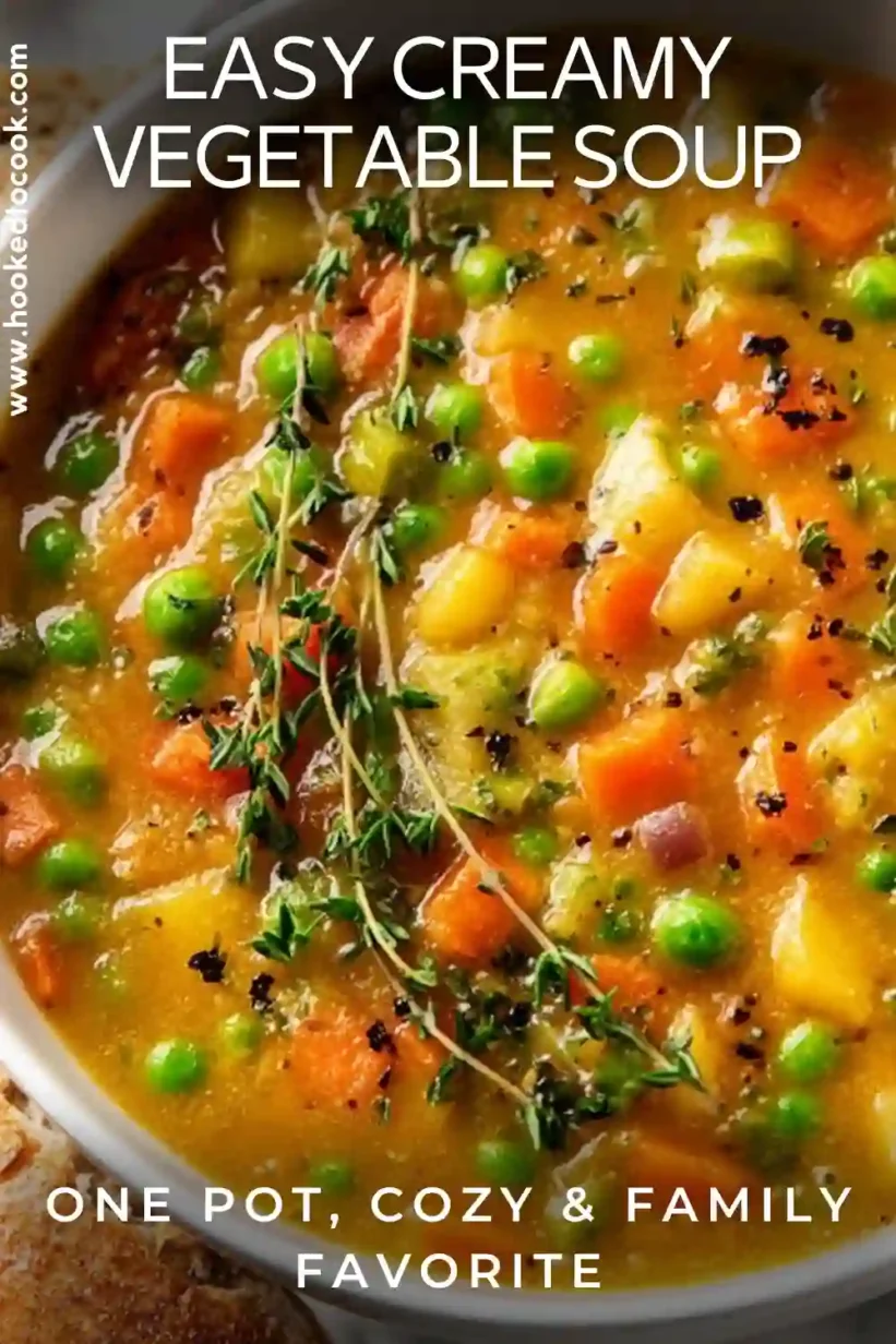 comforting one-pot creamy vegetable soup with peas, carrots, and potatoes in a rustic bowl
