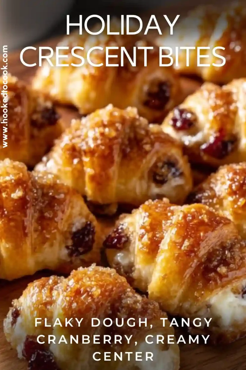 Golden Cranberry Cream Cheese Crescent Bites baked and served on a wooden board.