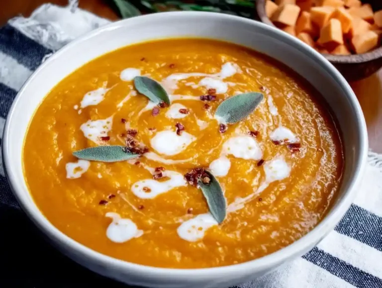 Creamy Pumpkin and Sweet Potato Soup topped with fresh sage, chili flakes, and coconut cream swirl