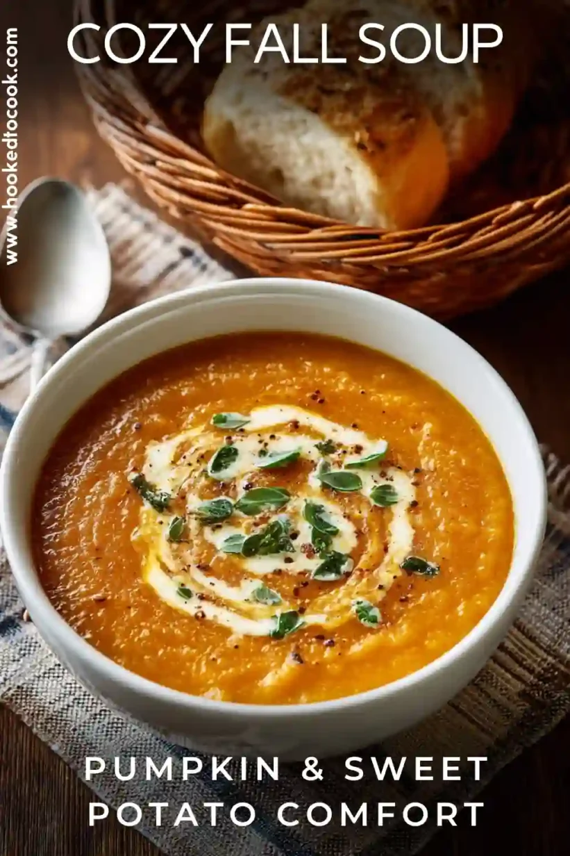 Bowl of creamy Pumpkin and Sweet Potato Soup beside a basket of golden bread on a wooden table