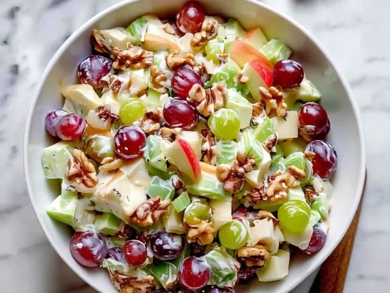 Waldorf Salad with red and green grapes, apples, and walnuts coated in creamy dressing
