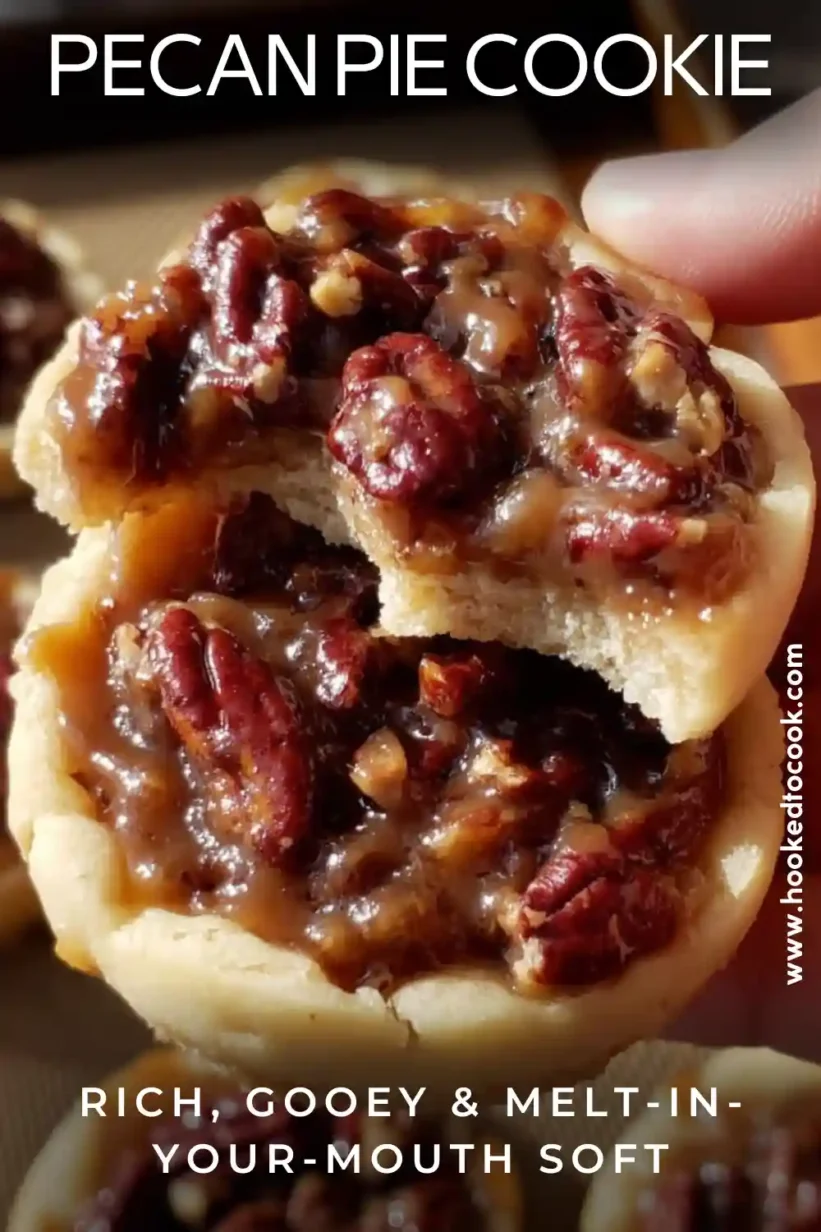 Crumbl Pecan Pie Cookie with gooey pecan topping and a soft bite revealing its tender interior.