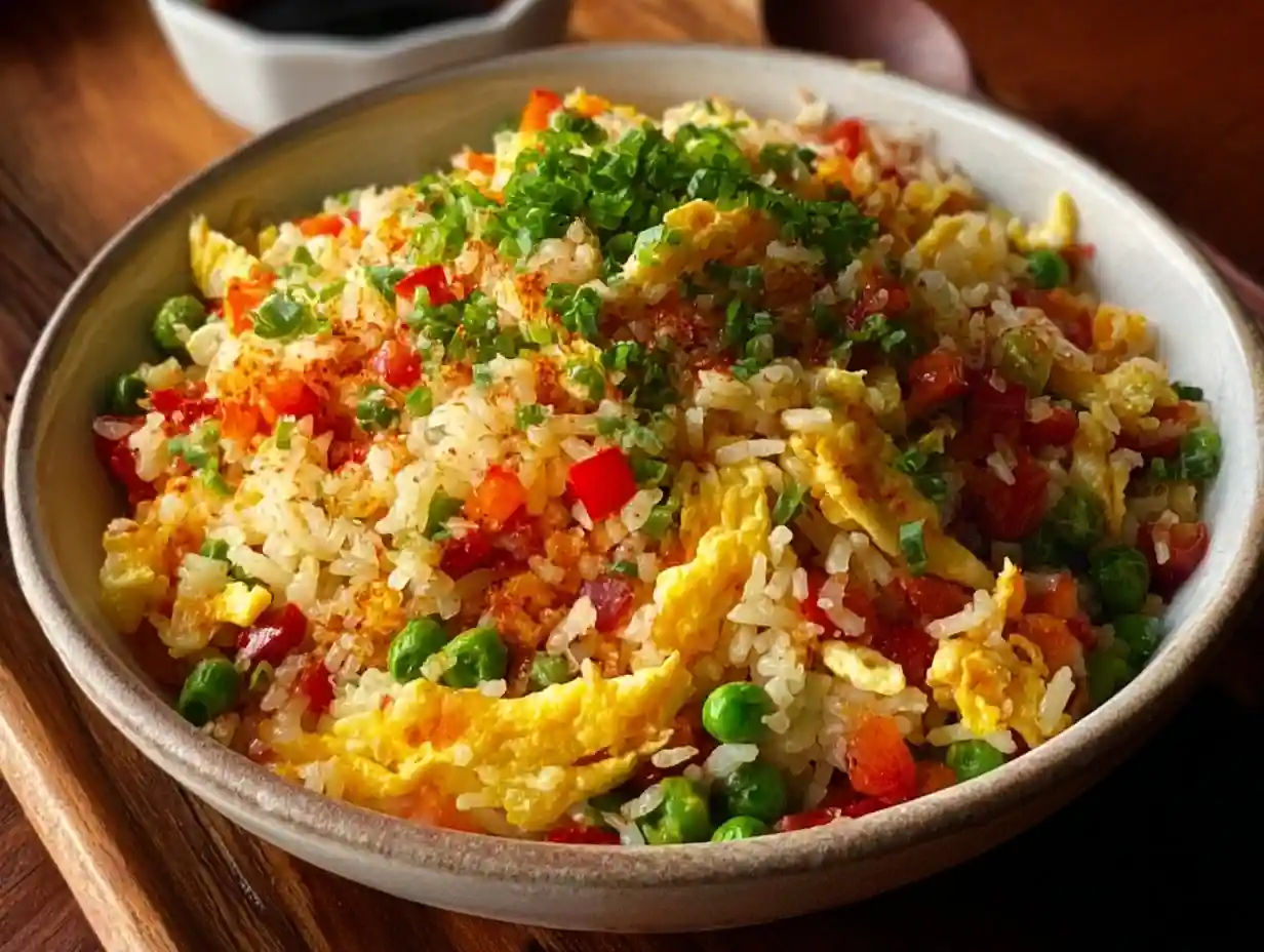 Egg fried rice with scrambled eggs, peas, red peppers, and herbs in a white bowl.