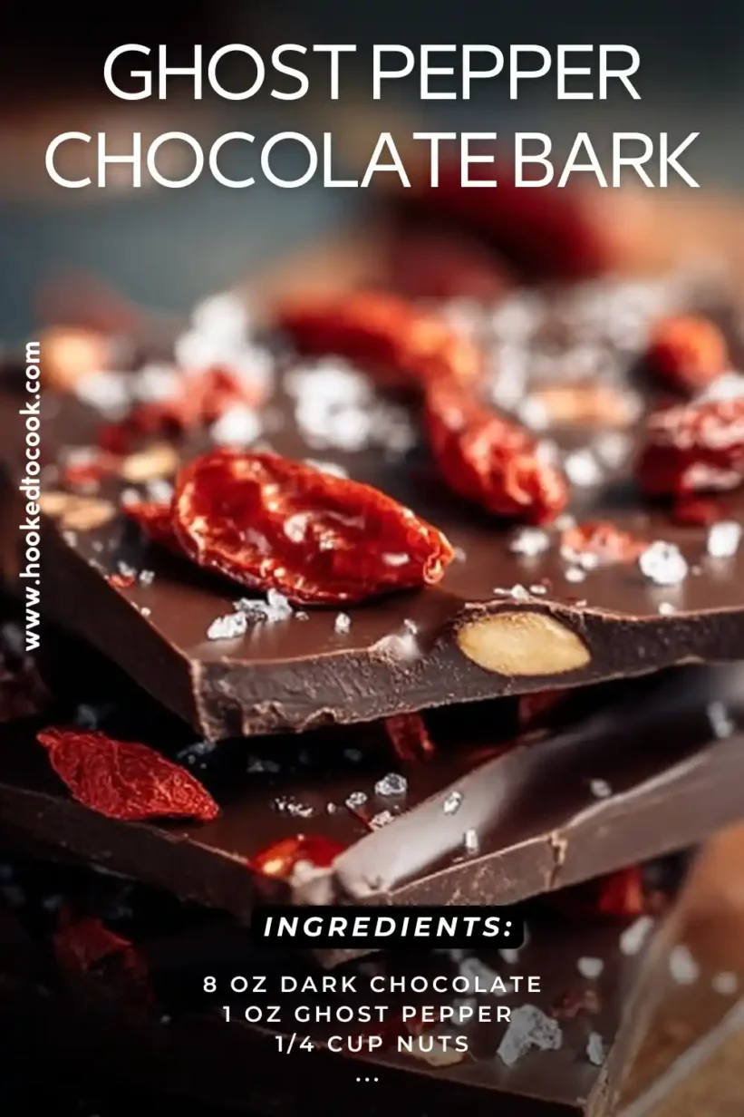 Ghost pepper chocolate bark with almonds, dried chili, and sea salt on dark chocolate squares.