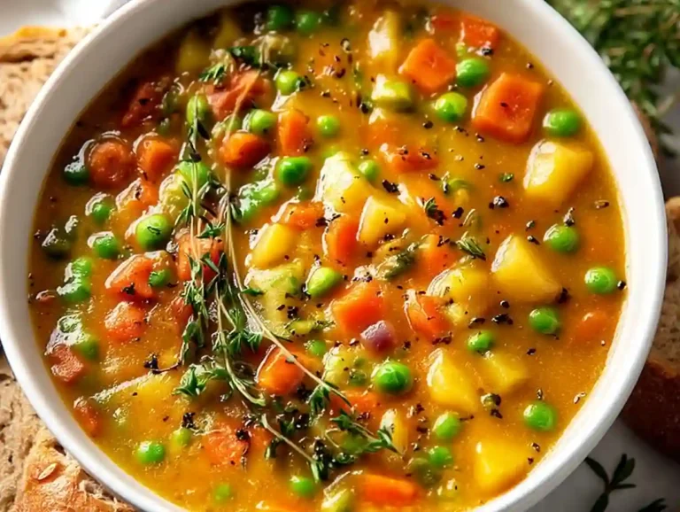 One-pot creamy vegetable soup with peas, carrots, and potatoes topped with thyme sprigs