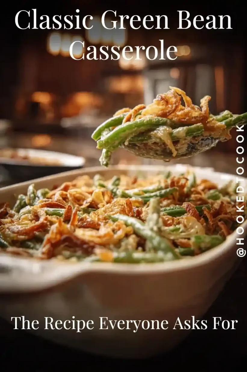 Green bean casserole with crispy fried onions and creamy sauce, perfect holiday side.