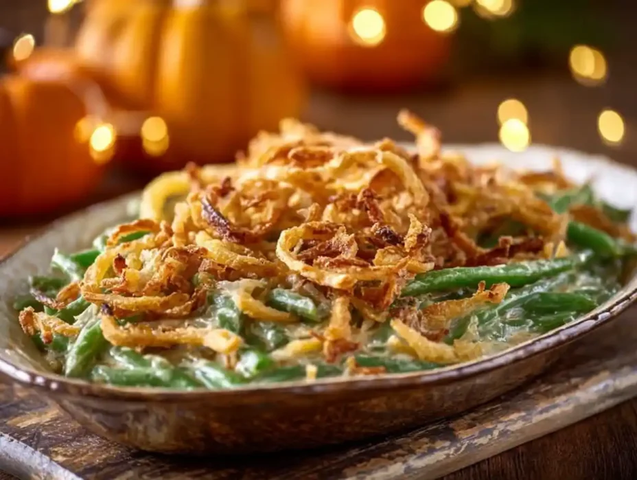 Classic Green Bean Casserole topped with crispy onions served in a dish