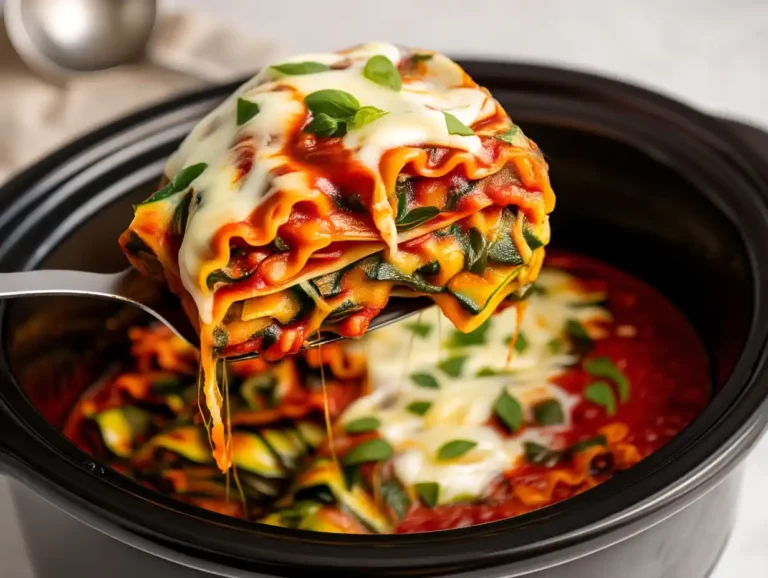 healthy crockpot lasagna with zucchini, spinach, ricotta, and melted mozzarella, vegetarian slow cooker dinner