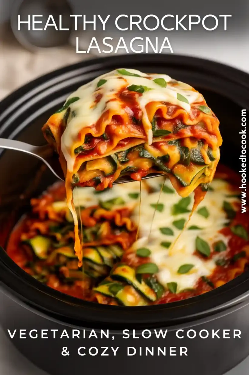 healthy crockpot lasagna slice lifted from slow cooker  zucchini ribbons, spinach ricotta, melted mozzarella