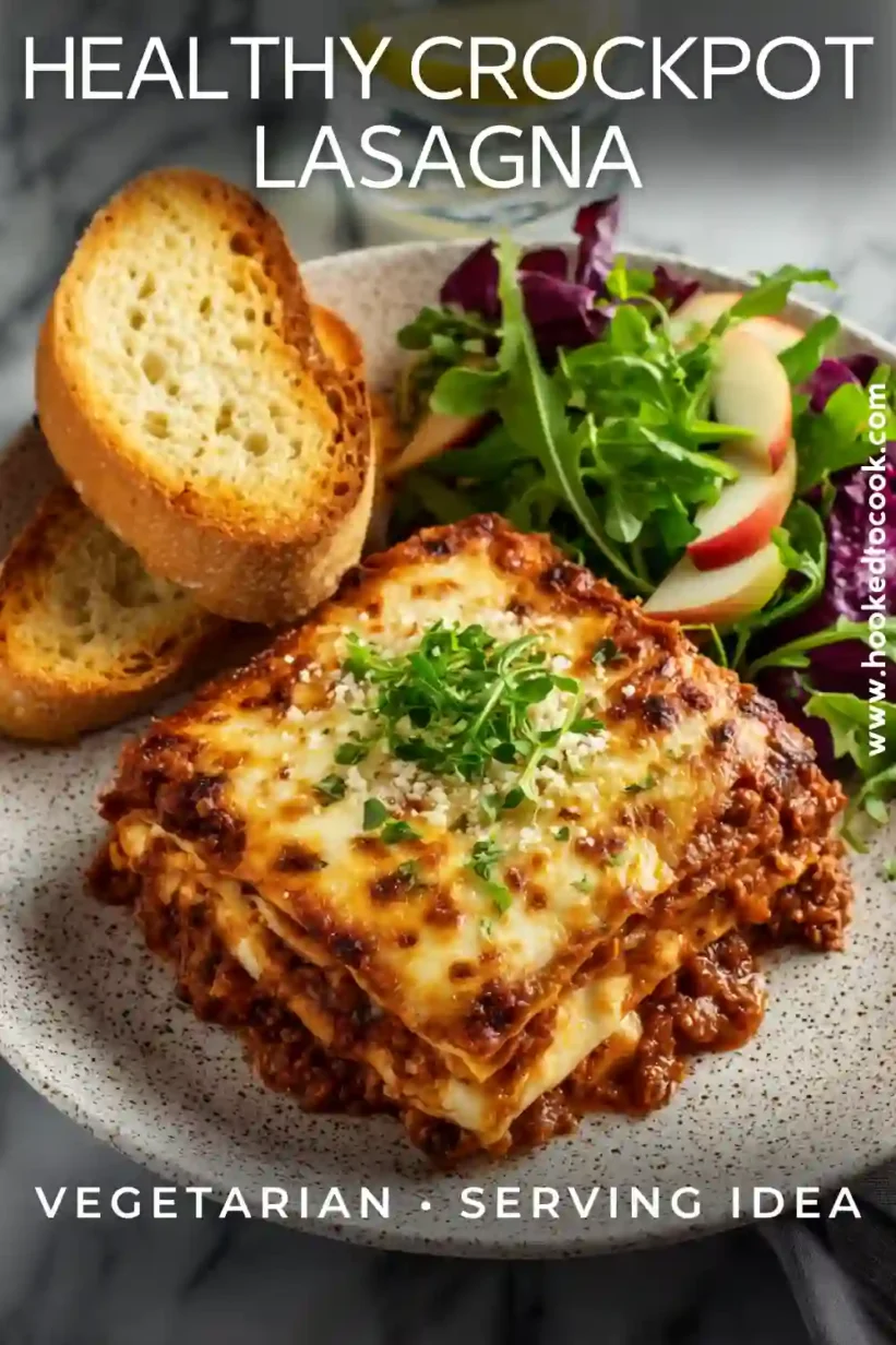 healthy crockpot lasagna plated with arugula salad, garlic bread, and melted mozzarella