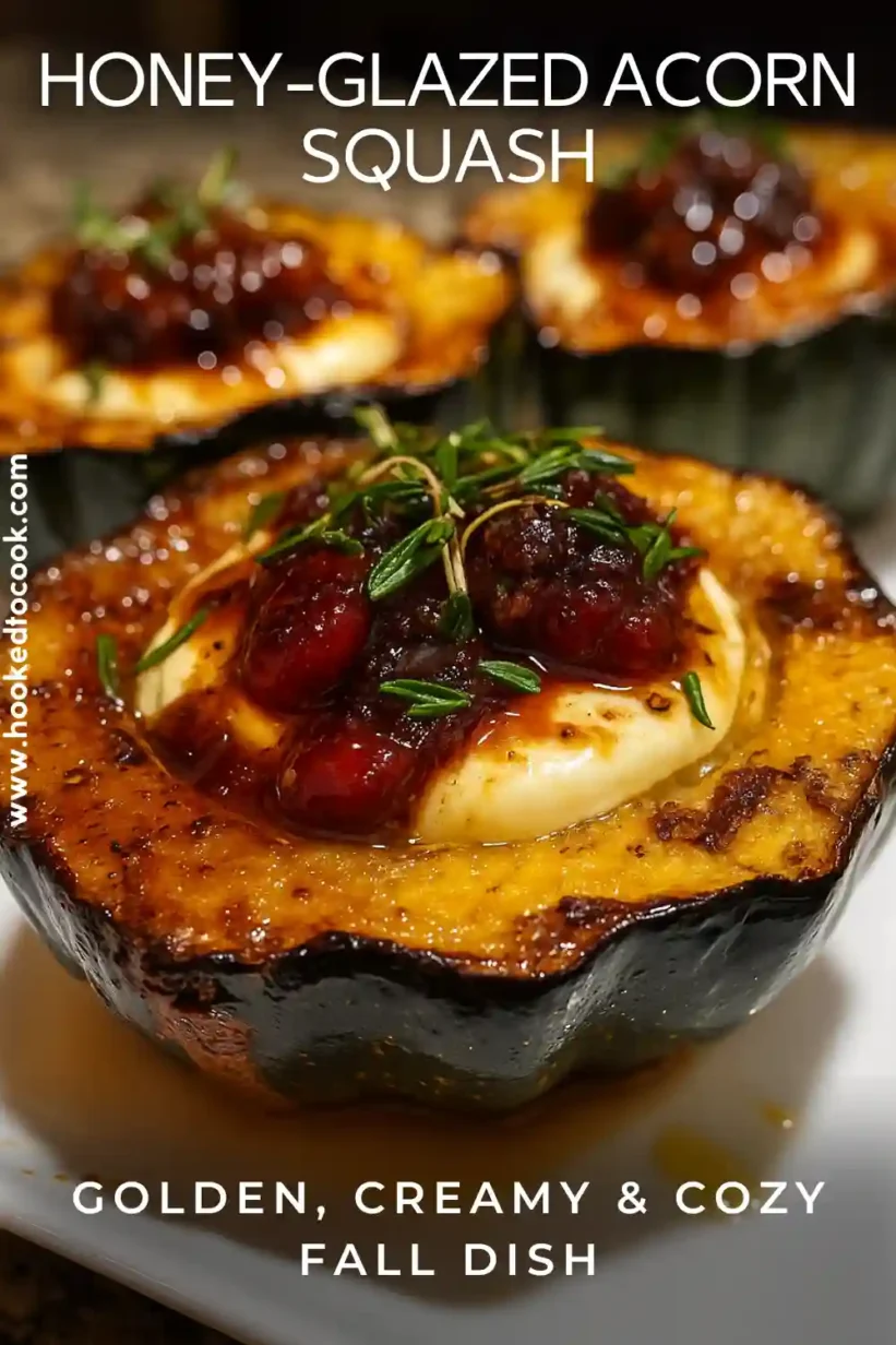 honey glazed acorn squash recipe with melted brie cheese and cranberry drizzle, golden roasted and glossy
