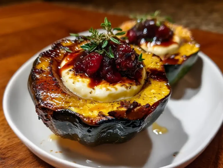 honey glazed acorn squash recipe with melted brie cheese and cranberry drizzle served on a white plate, roasted to golden perfection