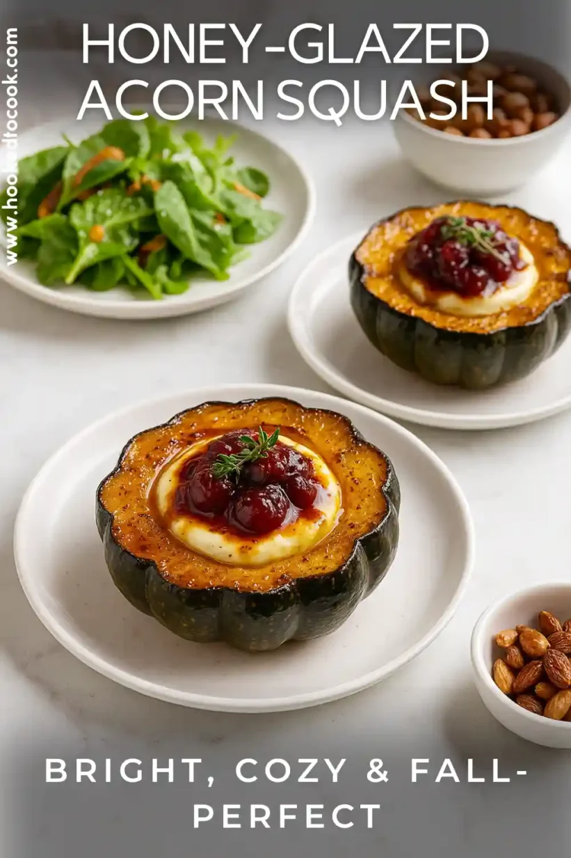 modern honey glazed acorn squash recipe served with brie cheese, cranberry drizzle, and fresh salad in a bright kitchen setting