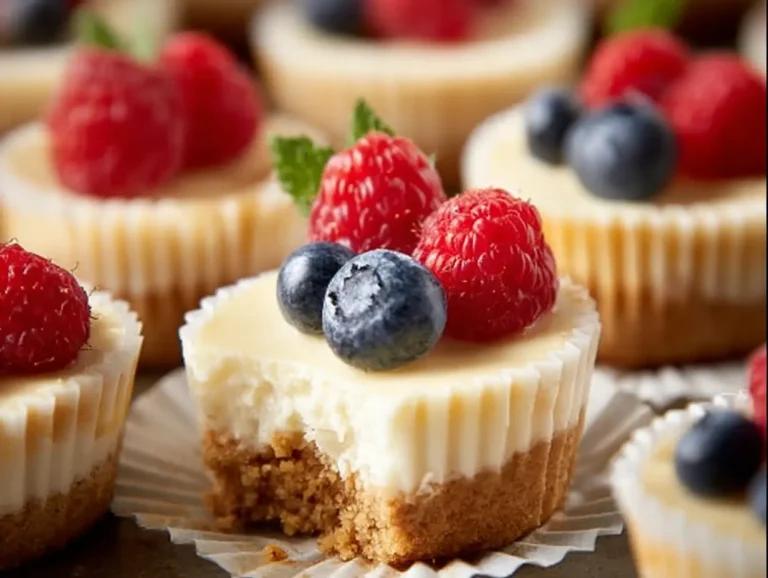 Mini cheesecakes topped with blueberries and raspberries, creamy texture with graham crust.