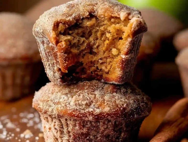 apple cider muffins stacked with cinnamon sugar coating and bite showing crumb