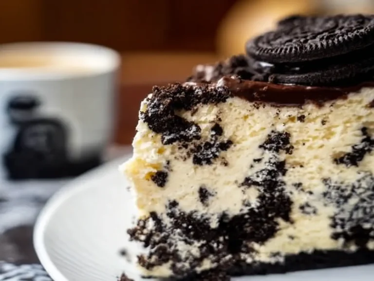 Oreo cheesecake slice with creamy filling and crushed cookie layers, topped with whole Oreos.