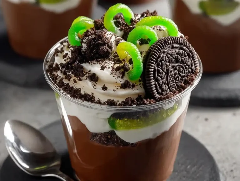 Pudding cup topped with cream, cookie crumbs, green gummy worms, and a chocolate cookie.