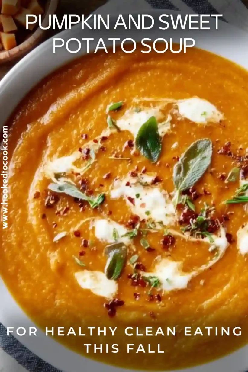 Pumpkin and Sweet Potato Soup with coconut milk swirl, herbs, and chili flakes served warm for a cozy fall dinner